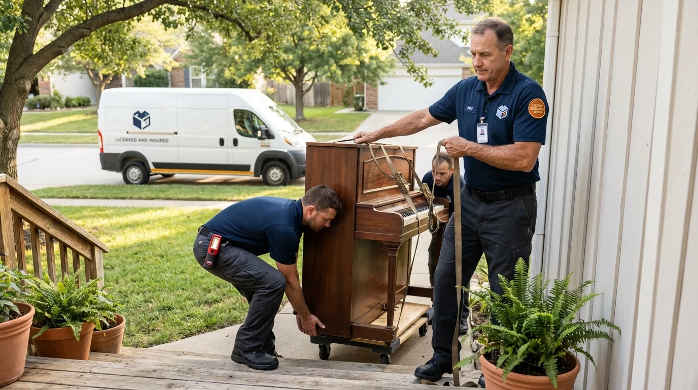 Licensed piano movers securing grand piano in Texico, NM