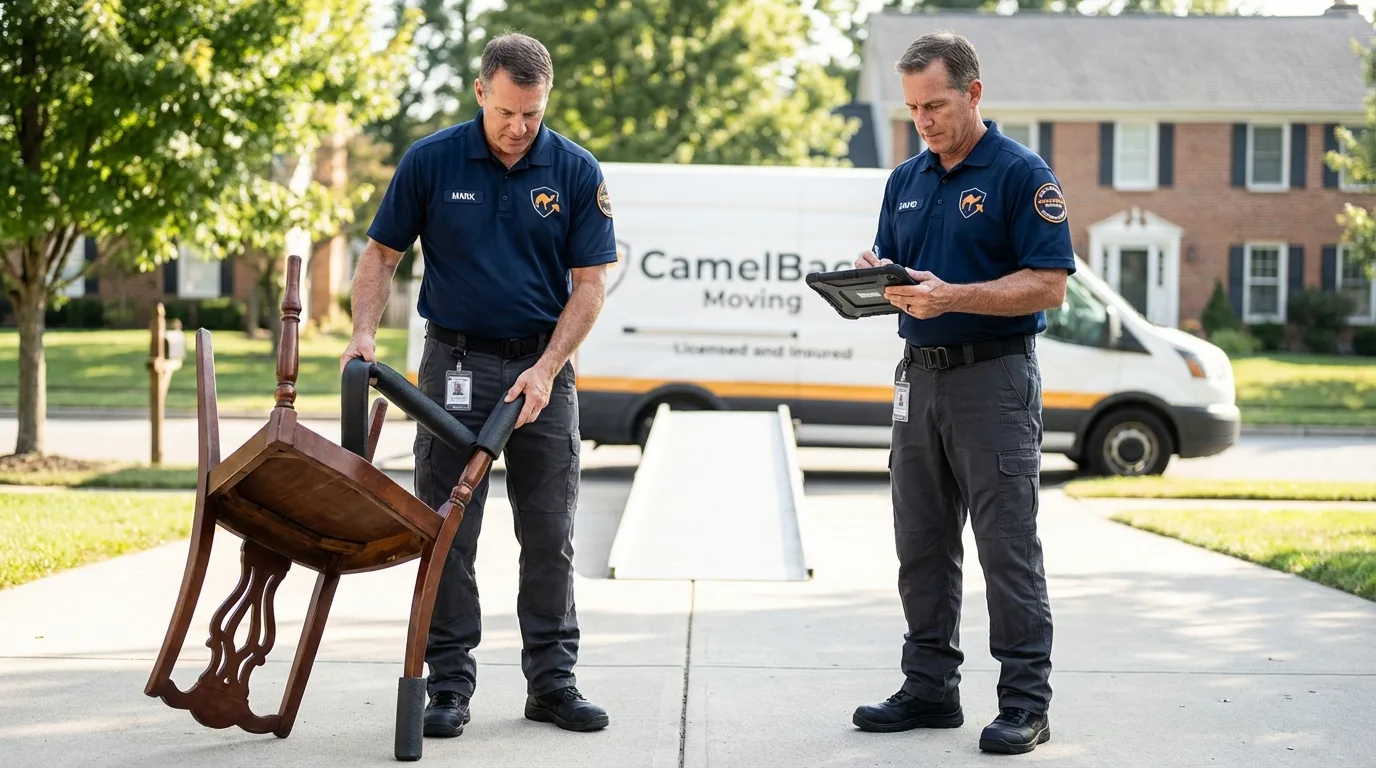 Movers inspecting furniture for damage prevention before loading in Texico, NM