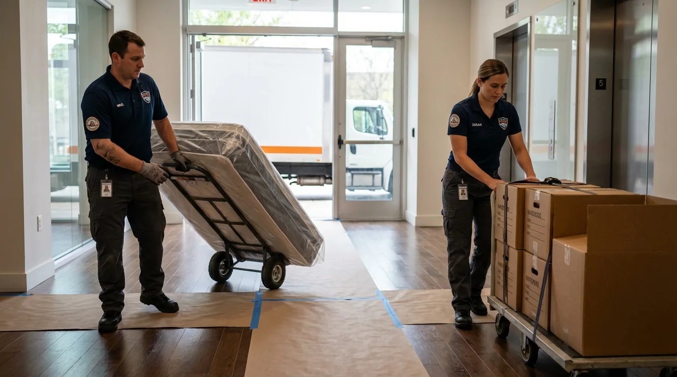 Professional apartment movers loading elevator in Texico, NM