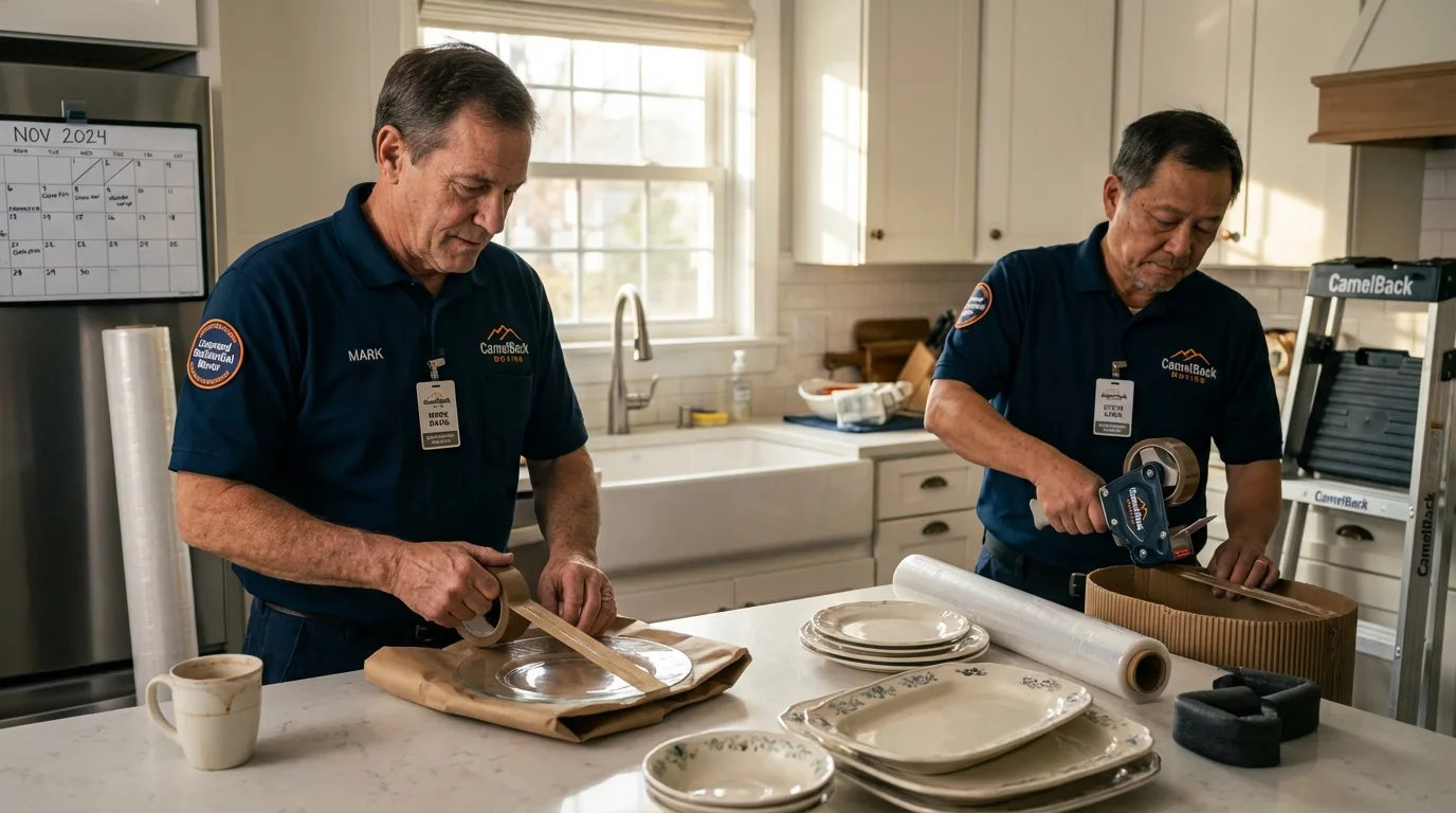 Professional crew packing kitchen dishware in Texico, NM